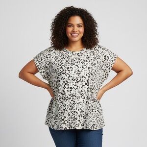 Halogen Black & White Animal Print Relaxed Short Sleeve Blouse Plus Size 1X GUC